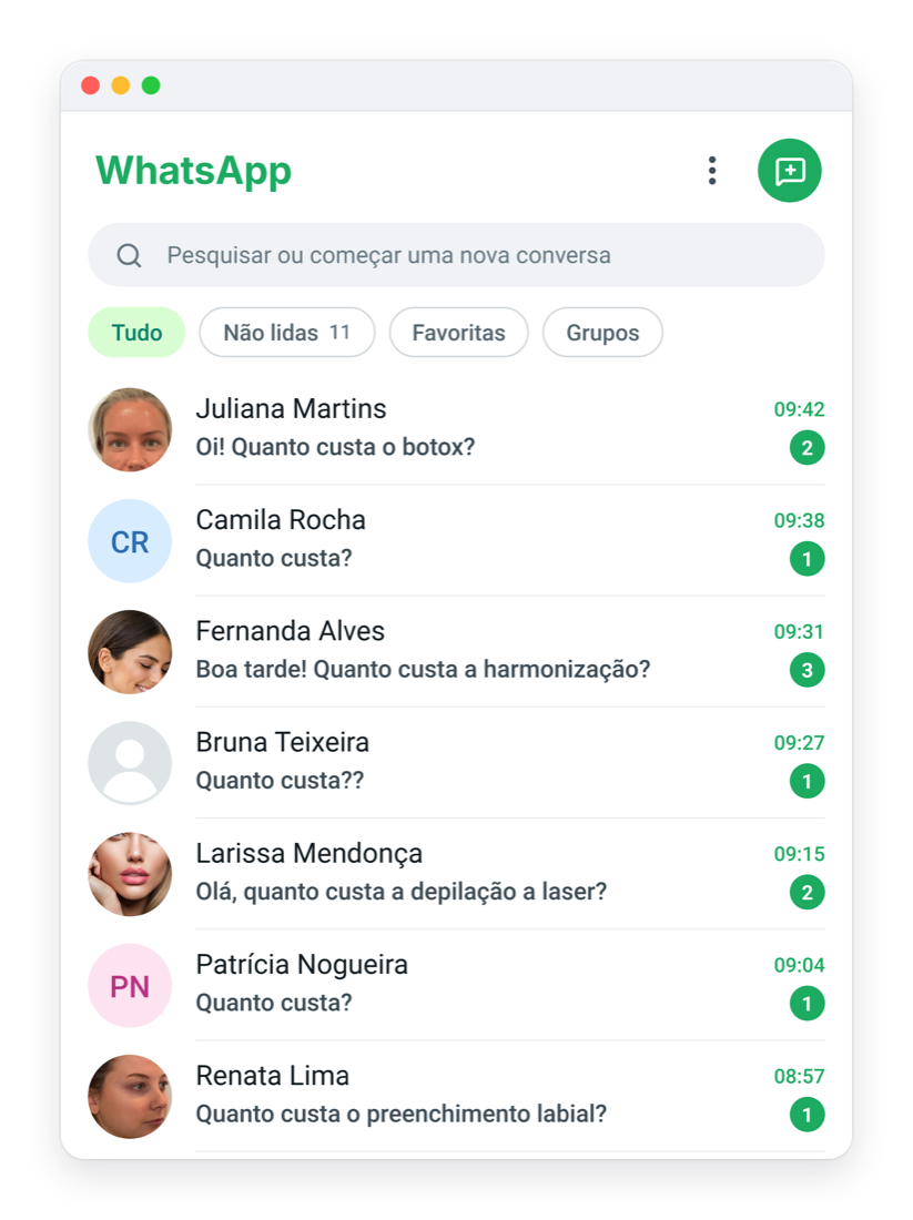 WhatsApp da clínica cheio de mensagens de pessoas perguntando “Quanto custa?”